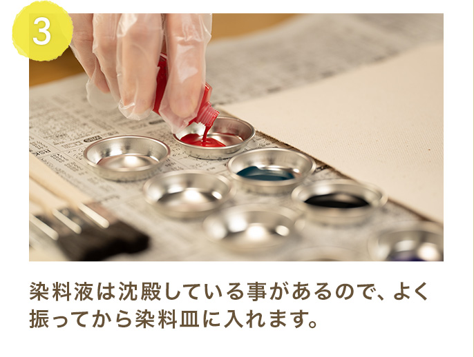 3.染料液はよく振ってください。沈殿している事があります。それから染料皿に入れます。